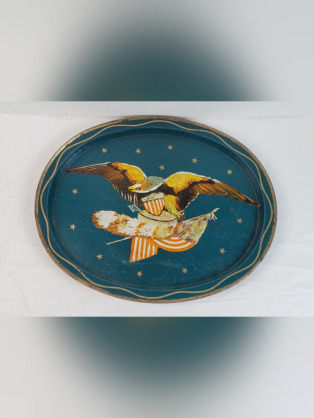 Patriotic Oval Serving Tray Eagle USA Flag Shield Stars Coonskin Cap READ - GUC